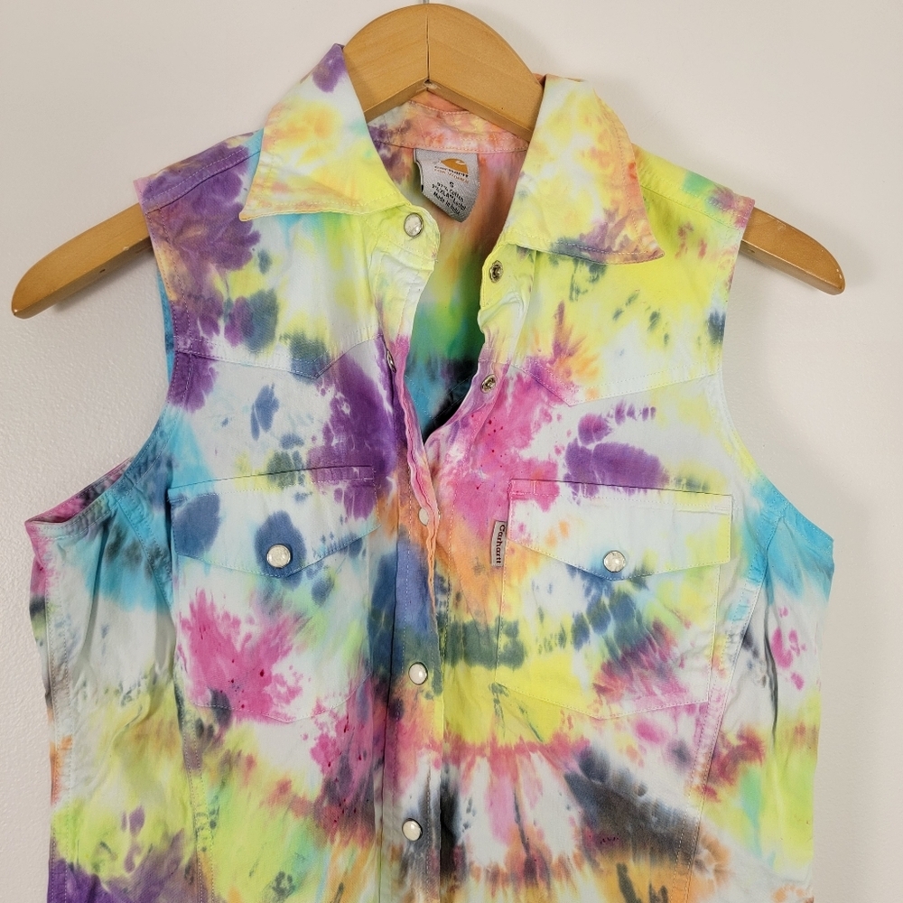 Carhartt Sleeveless Tye Dye Top Cotton Snap Front Western 2009 Fitted Structure - Picture 2 of 12